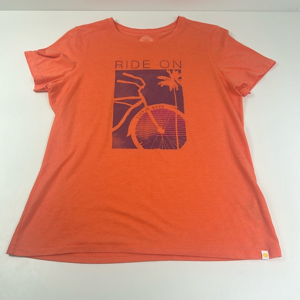 LIFE IS GOOD Orange bike palm tree tshirt “Ride On” size M beachy activewear